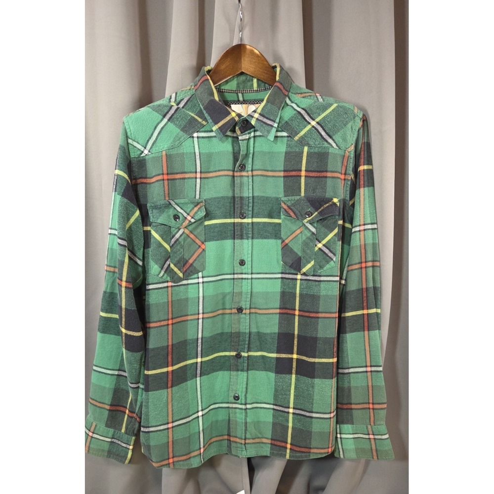 OP Ocean Pacific Green Flannel Long Sleeve Shirt Yellow Red Stripes XL